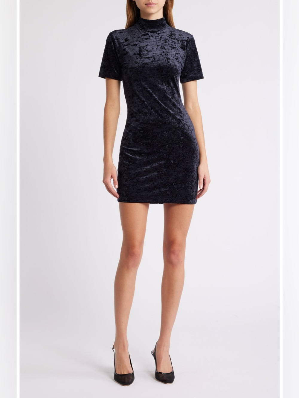 FRAME Black Crushed Velvet Mock Neck Mini Dress Bodycon 90s Style Size L